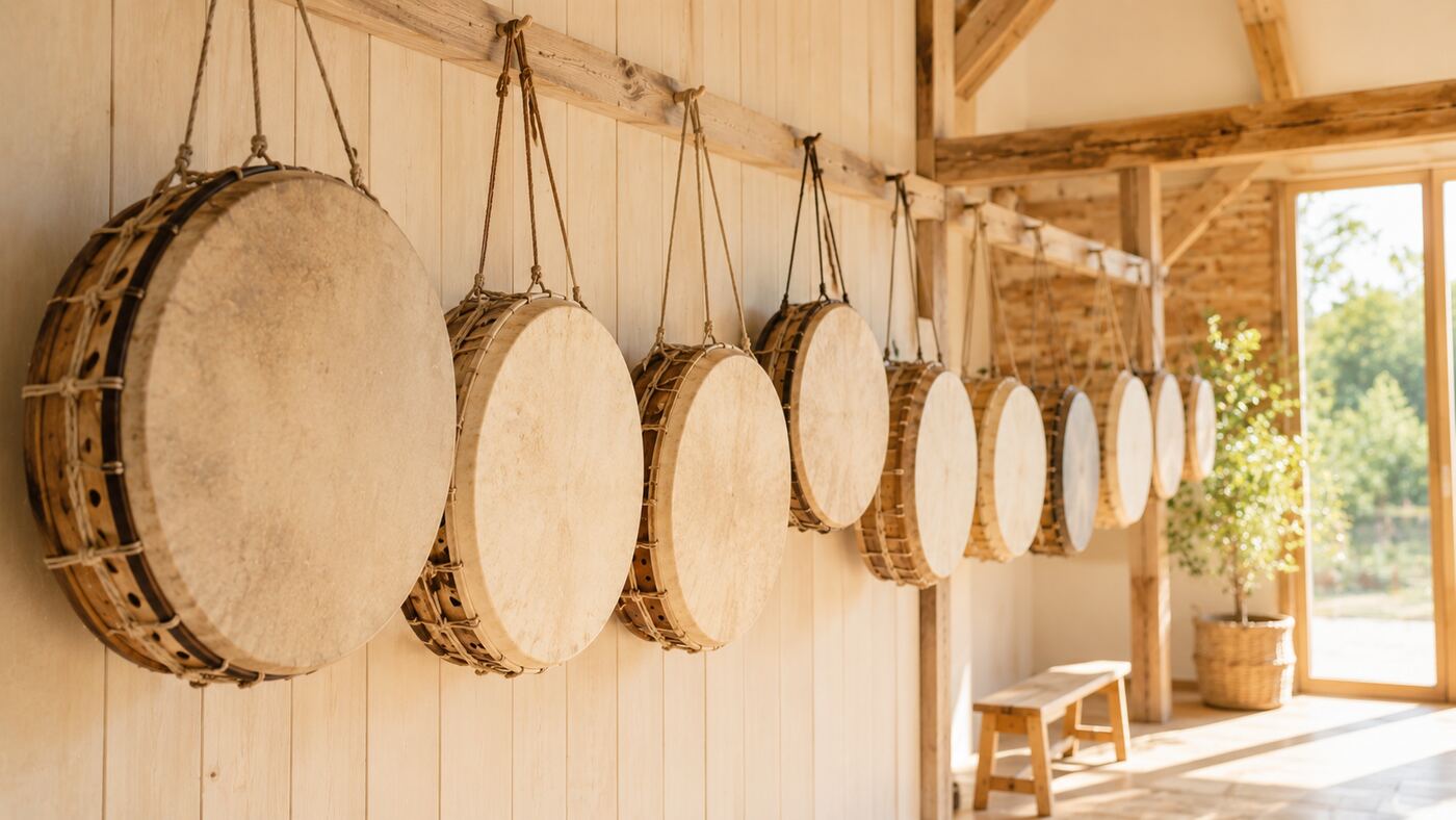 Sorban függő kézi dobok egy falon
